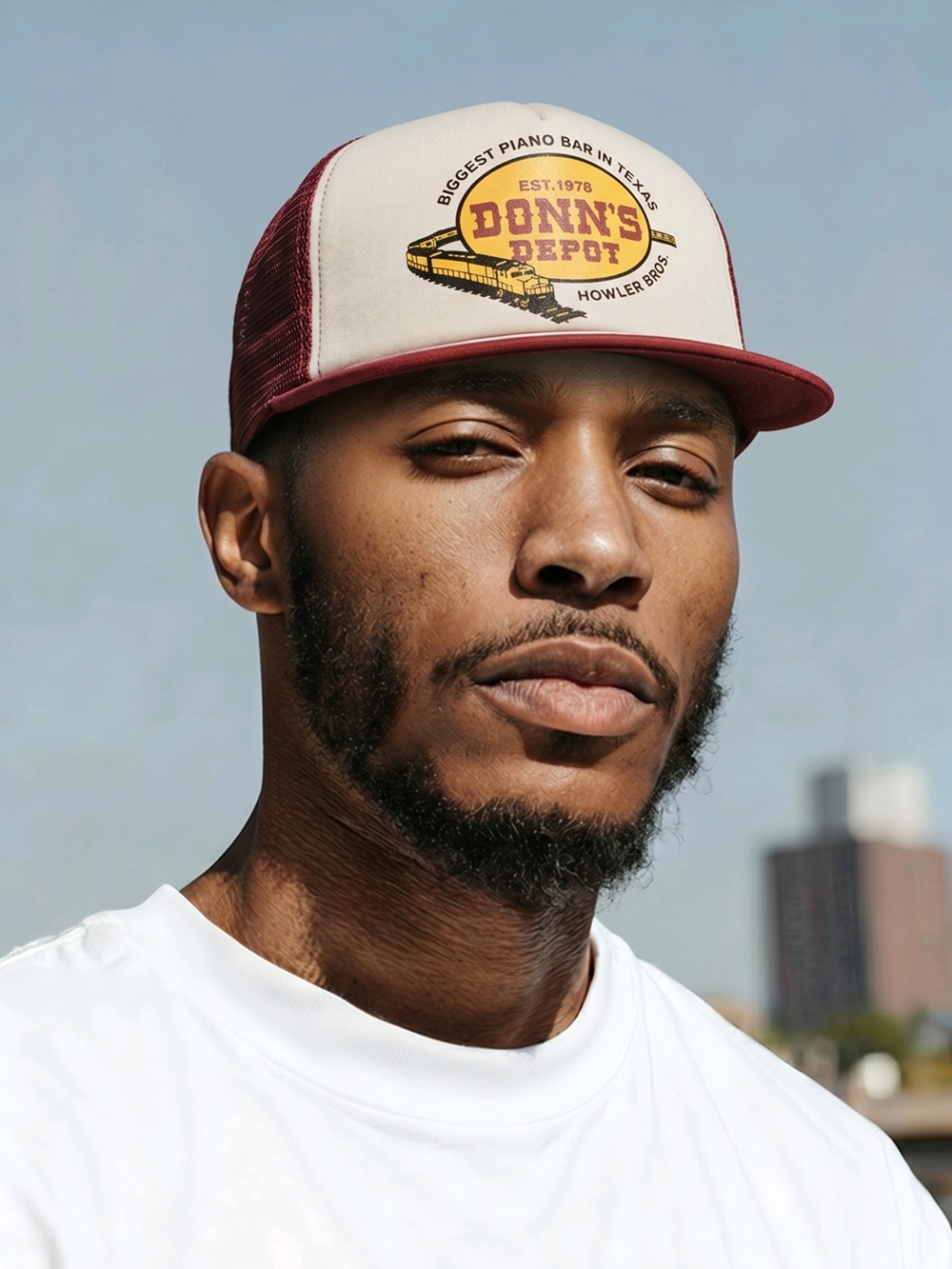 Howler Brothers Donn's Depot Trucker Hat - White and Burgundy with Yellow Logo